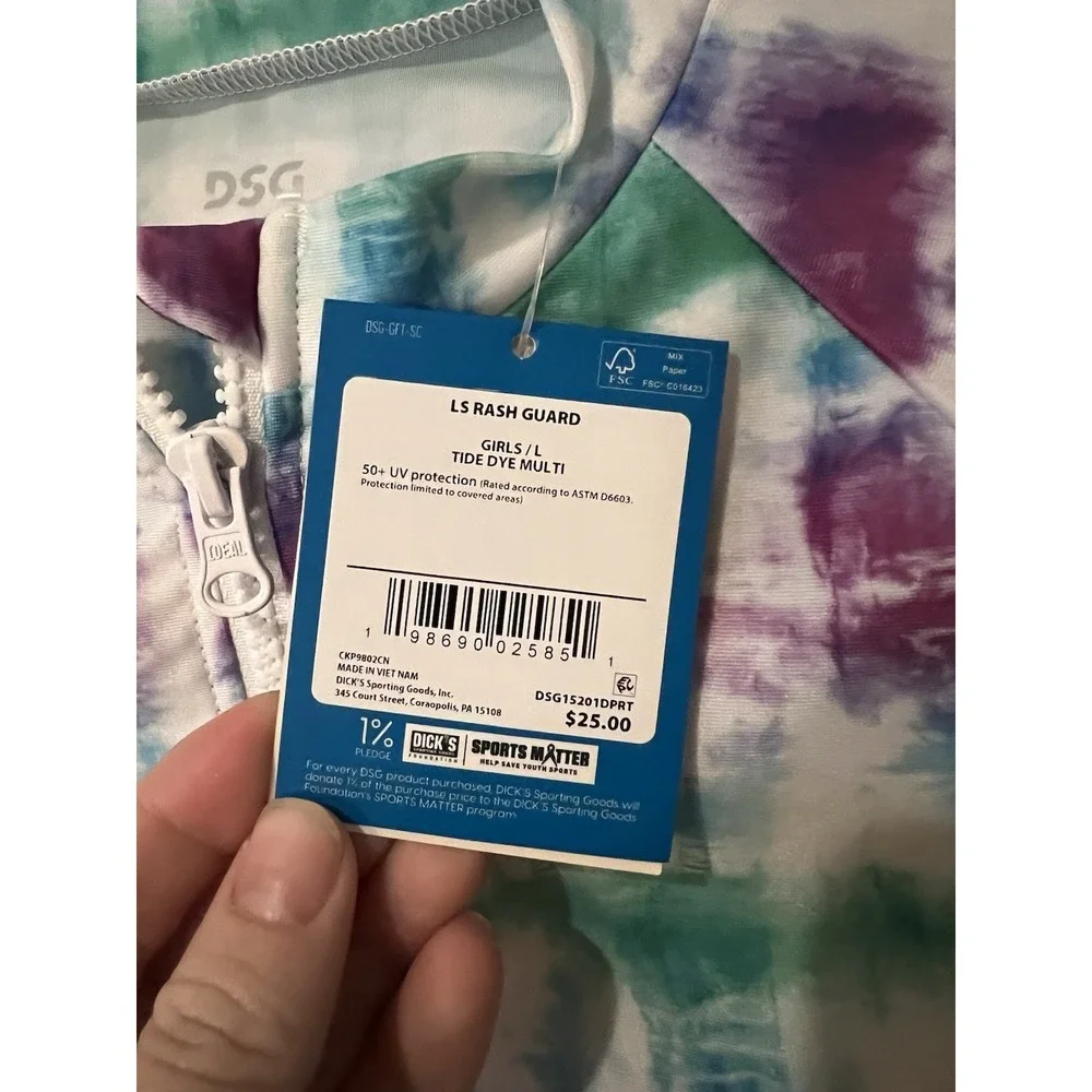 NWT‎ DSG Girls' Long Sleeve Rash Guard Top Size Large Tide Dye 1/2 Zip Sun